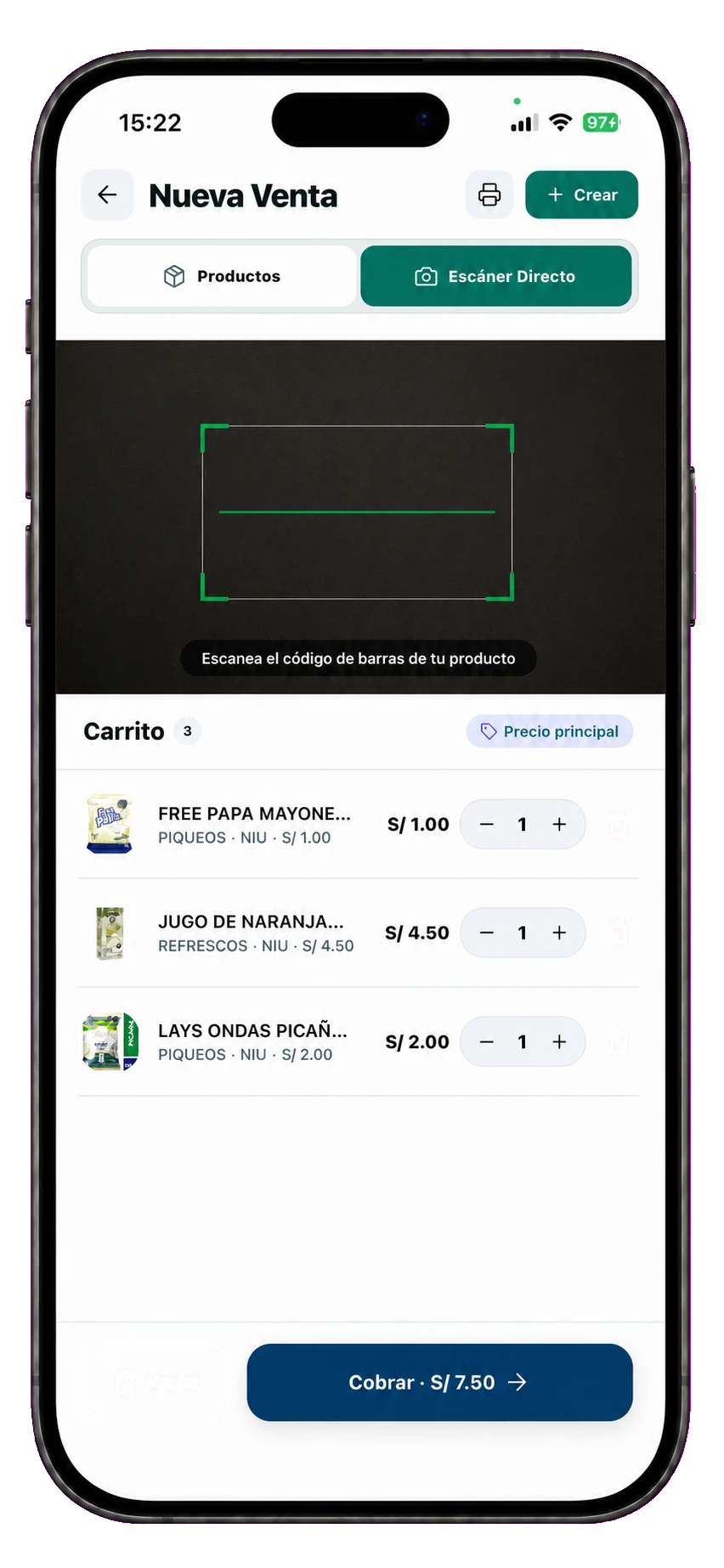 App móvil escaneando productos para una venta