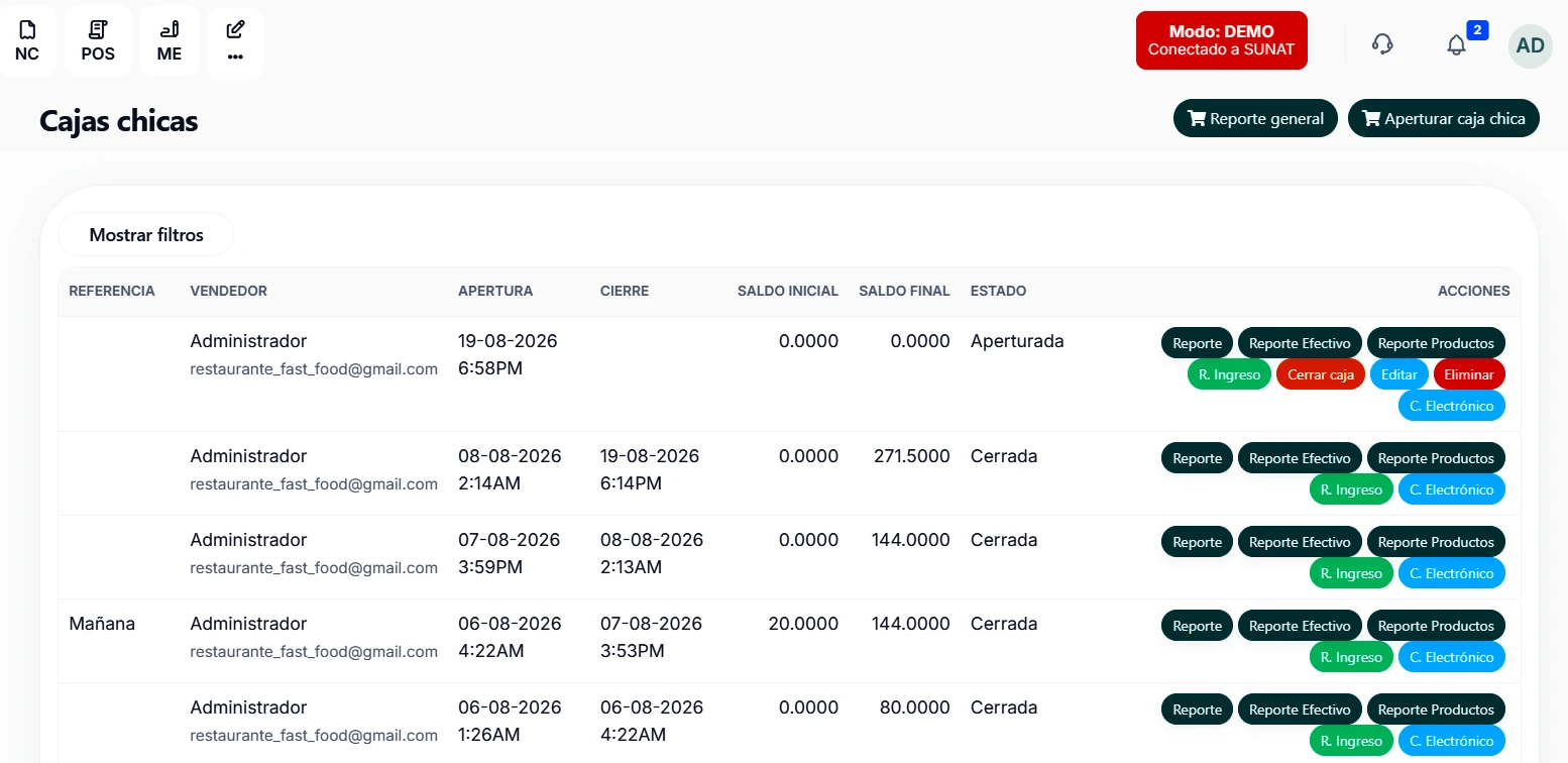 Control de cajas con saldos y estados
