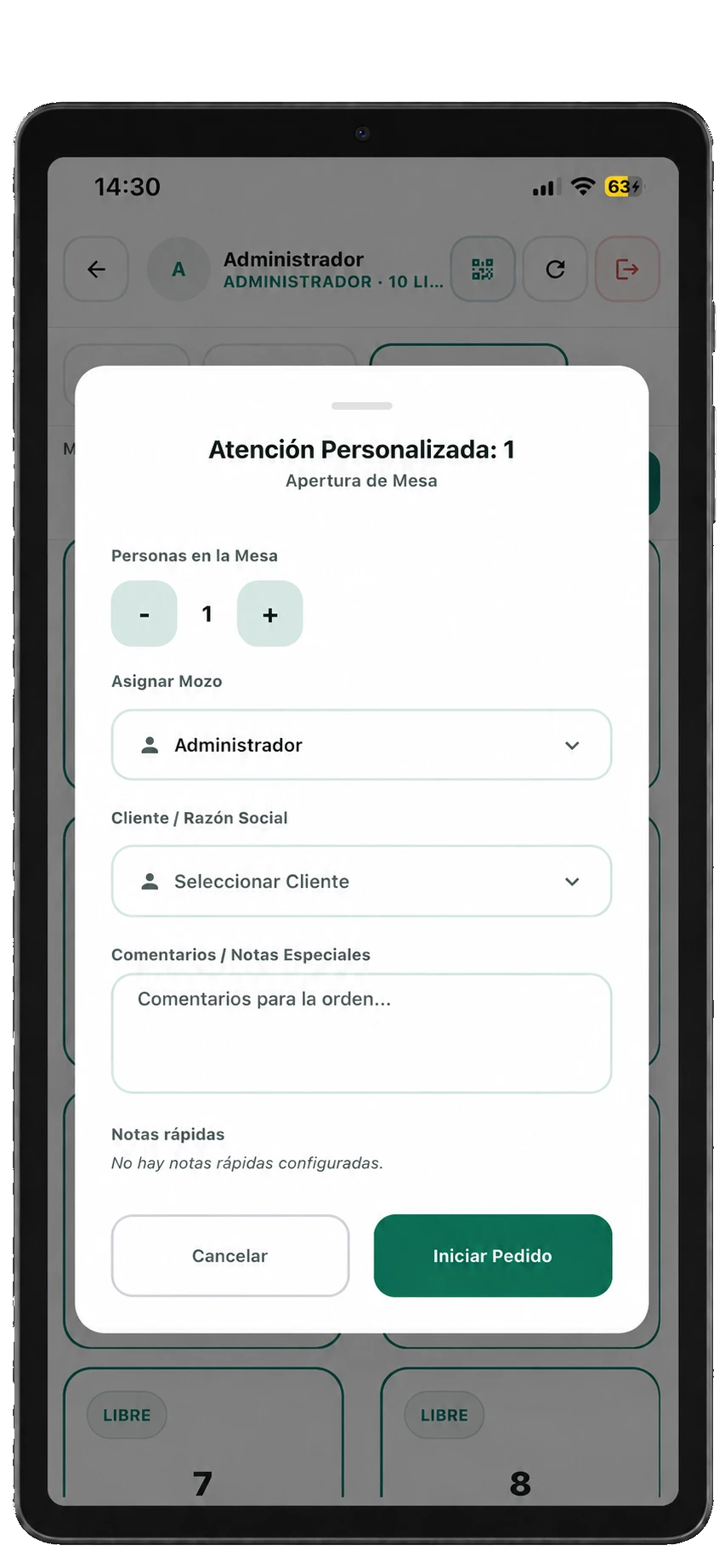 Formulario de apertura de mesa en una tablet
