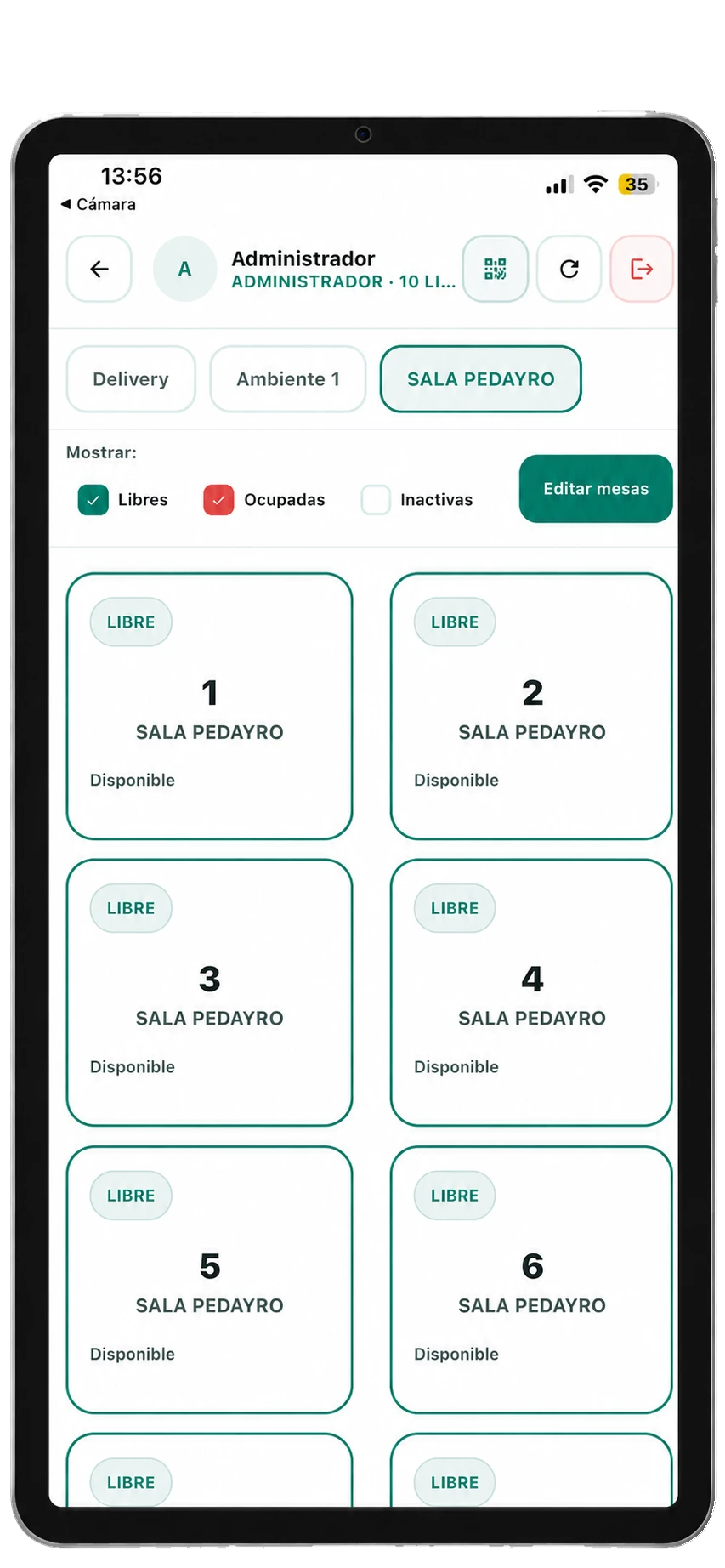 Mapa de mesas del restaurante en una tablet