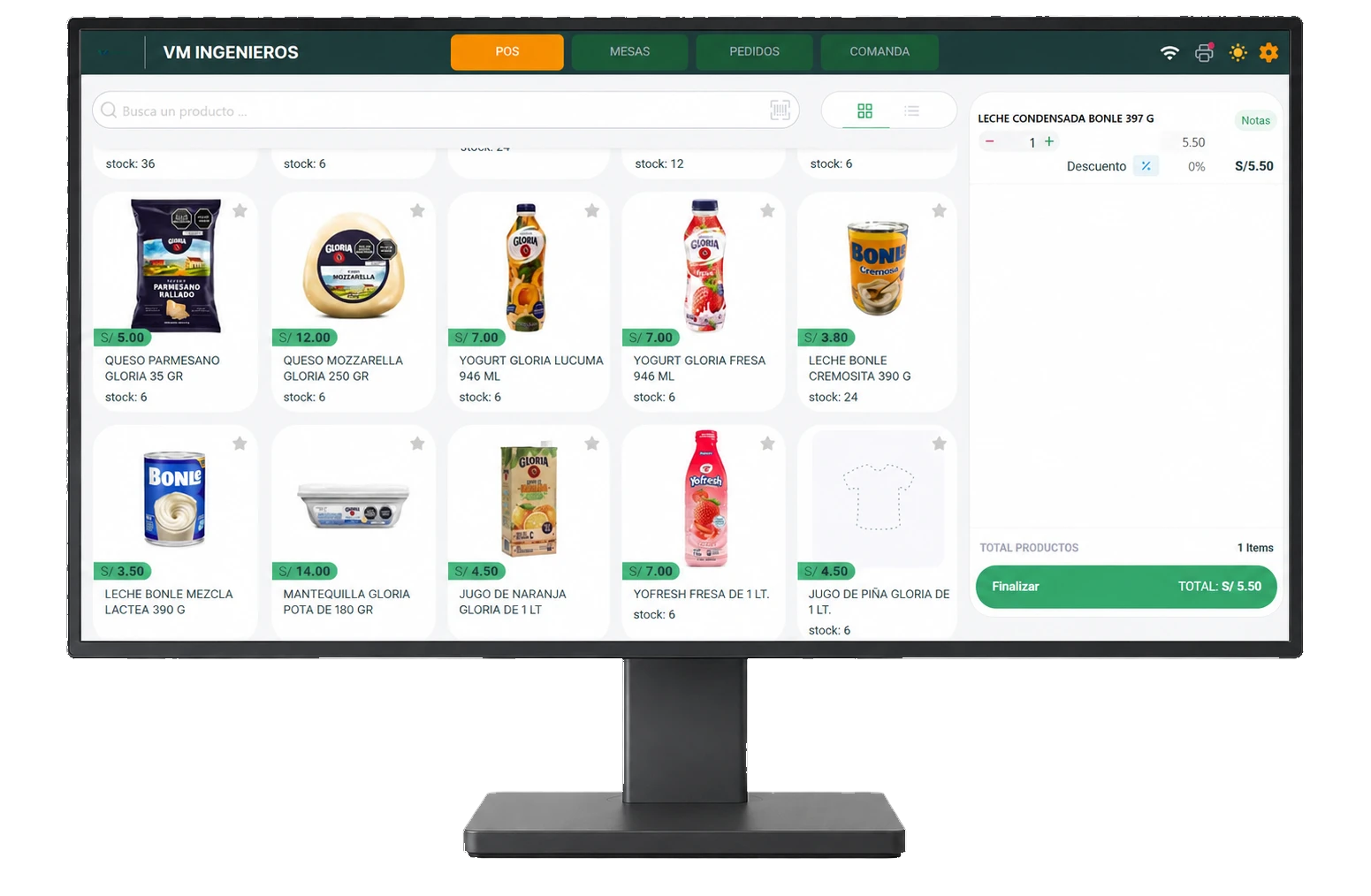 Punto de venta de VM Software para restaurantes en un monitor