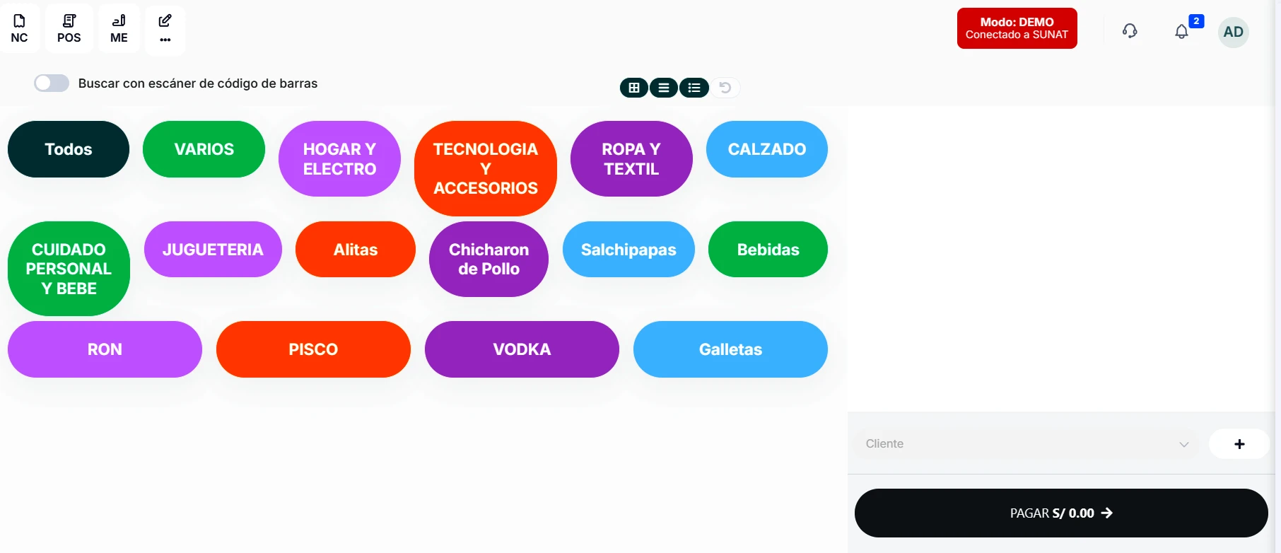 Punto de venta con productos y detalle del comprobante